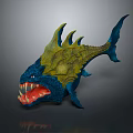 Blue And Yellow Monster Fish With Spiked Dorsal Fin And Sharp Teeth