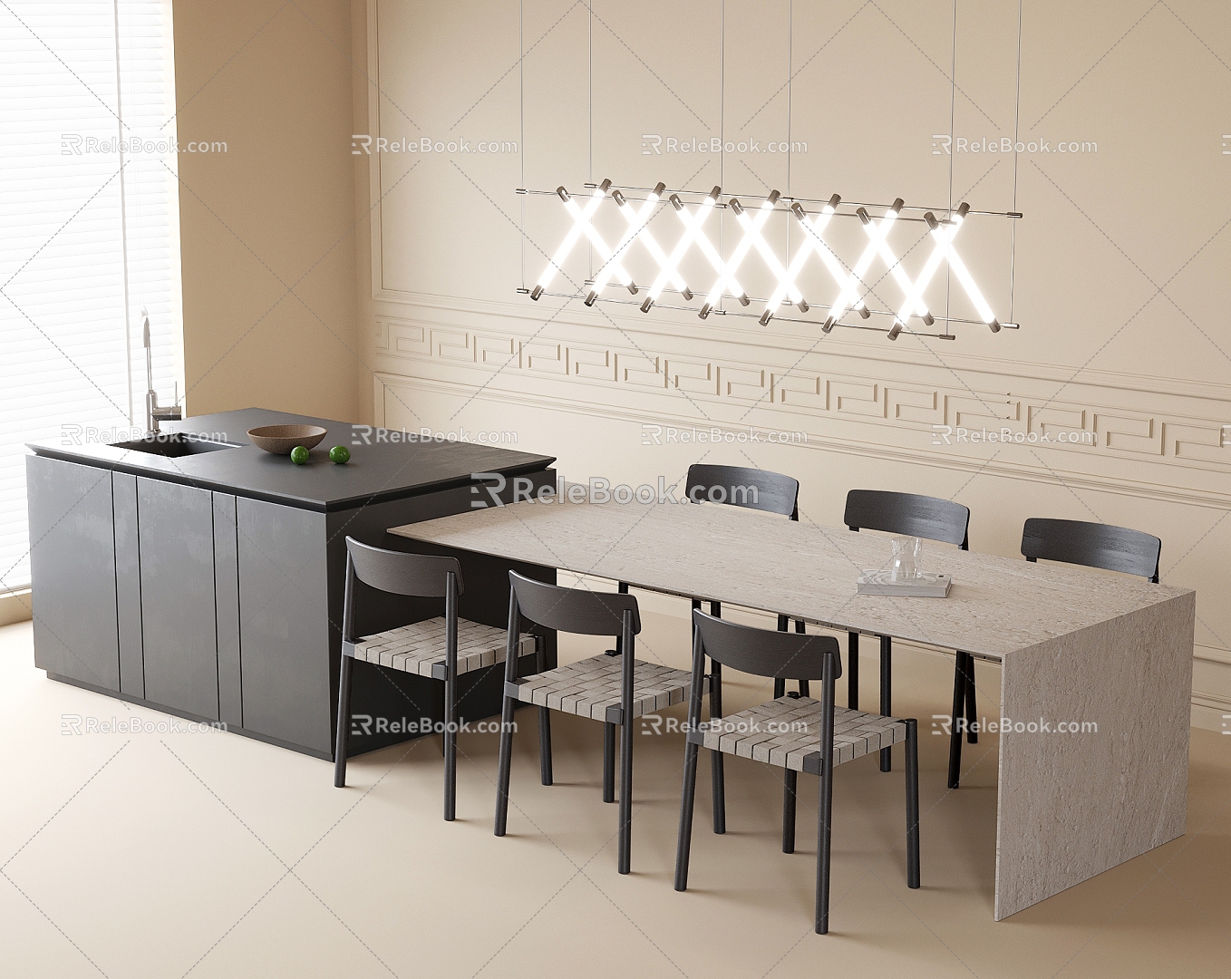 Dining Table and Chair Combination Dining Chair Island Table Dining Table Chandelier 3d model