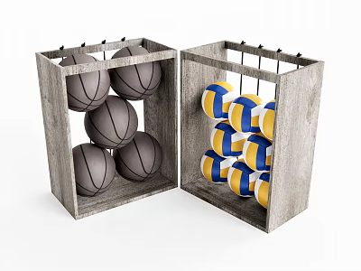 Sports Equipment Storage With Wooden Boxes Containing Basketballs And Volleyballs 3d model