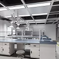 Modern Laboratory Interior With Well Equipped Benches Ceiling Lighting And Large Windows 3d model