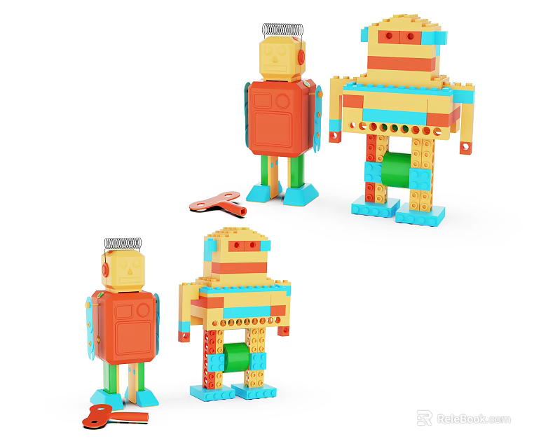 Colorful Building Blocks Assembled Into Creative Robot Models With Different Shapes And Sizes 3d model