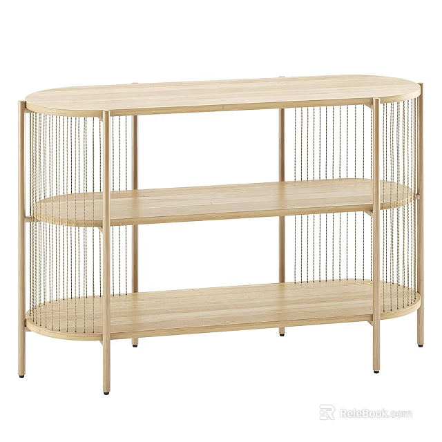 Light Wood Dining Table With Metal Frame And Multi Tier Woven Shelves 3d model 