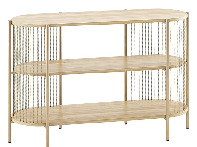 Light Wood Dining Table With Metal Frame And Multi Tier Woven Shelves 3d model