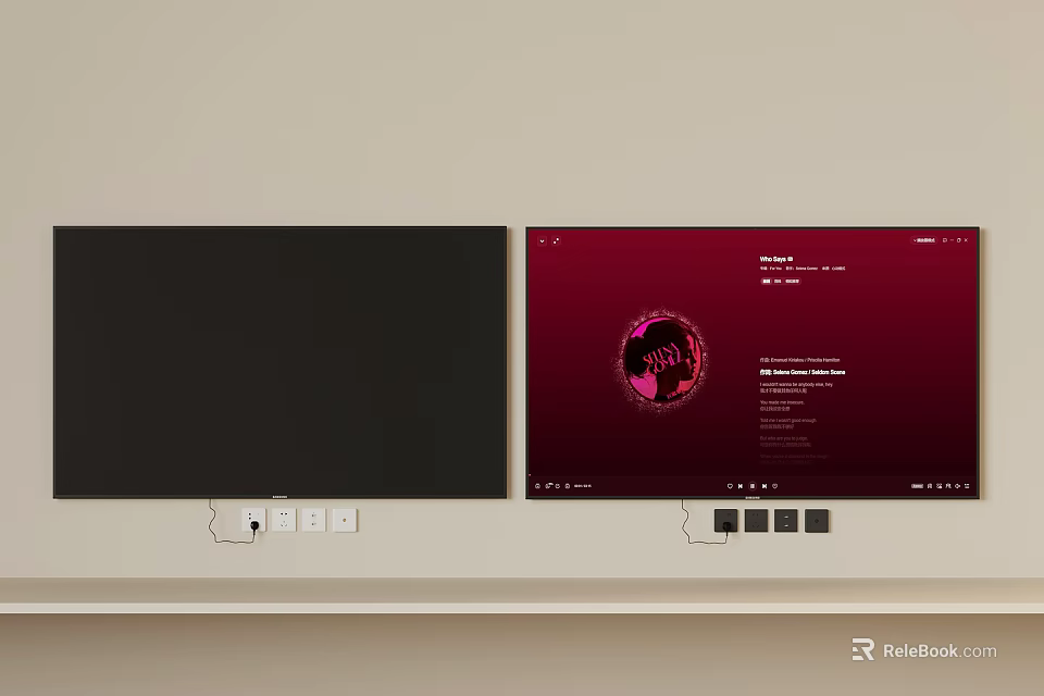 Two Television Sets Side by Side with One Black Screen and One Red Menu 3d model 