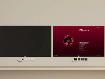 Two Television Sets Side by Side with One Black Screen and One Red Menu 3d model