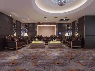 Luxurious KTV Lounge Interior With Elegant Sofas Circular Chandelier And Decorative Carpet 3d model
