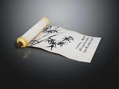 Traditional Chinese Scroll with Ink Bamboo Painting and Calligraphy on White Paper Against Dark Background 3d model