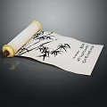 Traditional Chinese Scroll with Ink Bamboo Painting and Calligraphy on White Paper Against Dark Background