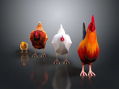 Colorful Hens Rooster And Small Chick Standing Together In Group With Different Colors 3d model