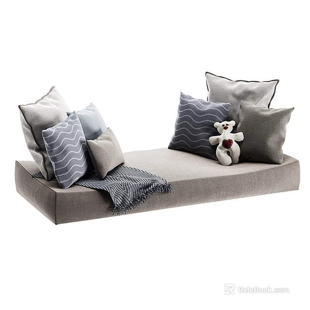 Cozy Sofa Decorative Pillows With Gray Blue Striped Patterns Teddy Bear And Soft Blanket 3d model