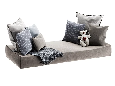 Cozy Sofa Decorative Pillows With Gray Blue Striped Patterns Teddy Bear And Soft Blanket 3d model