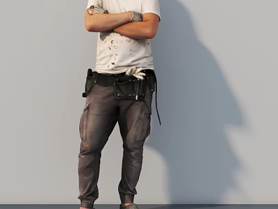 Man With Crossed Arms In Stained White T-Shirt Gray Work Pants And Tool Belt 3d model