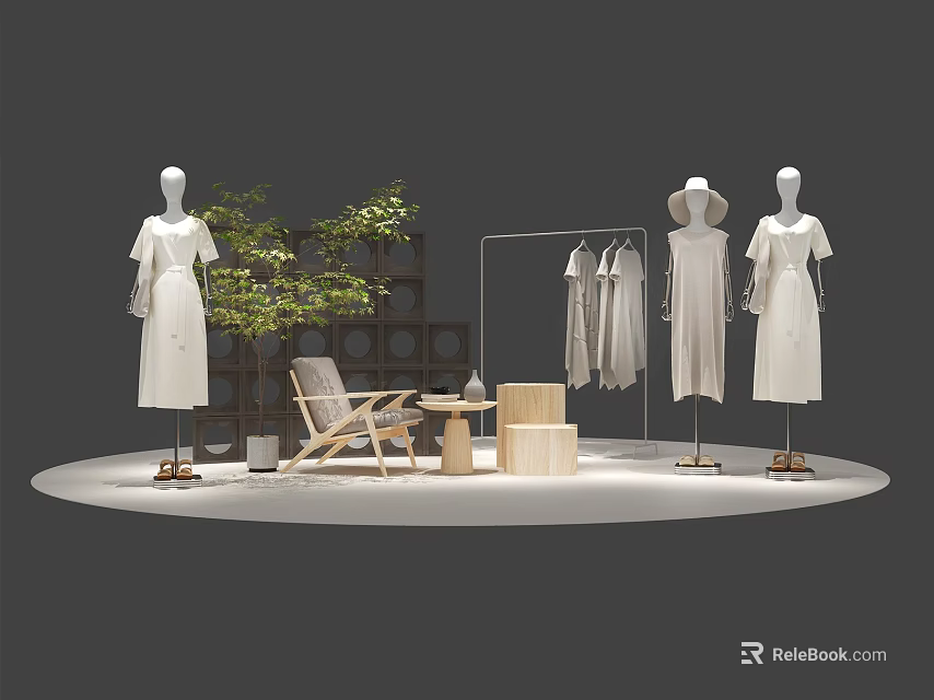 Minimalist Clothing Store Display Featuring White Dress Mannequins Hanging Clothes Plants Chair and Small Table 3d model 