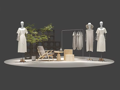Minimalist Clothing Store Display Featuring White Dress Mannequins Hanging Clothes Plants Chair and Small Table 3d model