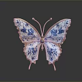 Decorative Butterfly Ornament With Blue And White Patterns And Gold Edges On Stand
