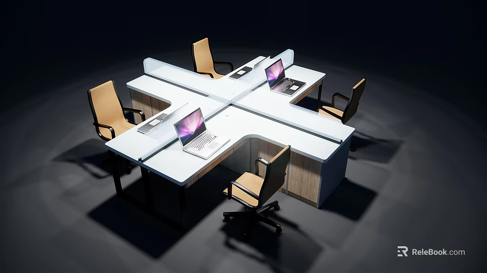 Modern Modular Office Desk Workstation With Multiple Seats Wheeled Chairs And Laptops 3d model 
