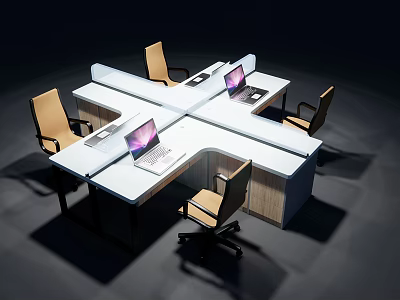 Modern Modular Office Desk Workstation With Multiple Seats Wheeled Chairs And Laptops 3d model