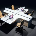 Modern Modular Office Desk Workstation With Multiple Seats Wheeled Chairs And Laptops