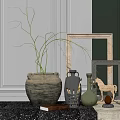 Stylish Decorative Ornament Set With Clay Jar Black Green Vases Horse Figurine And Picture Frames