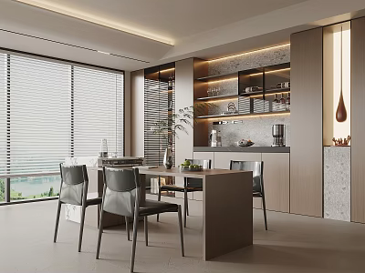 Modern Restaurant Open Interior Design With Dining Table Chairs And Large Windows 3d model
