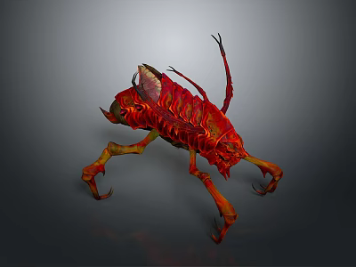 Red And Orange Insect With Chitinous Exoskeleton Long Legs And Textured Wings 3d model