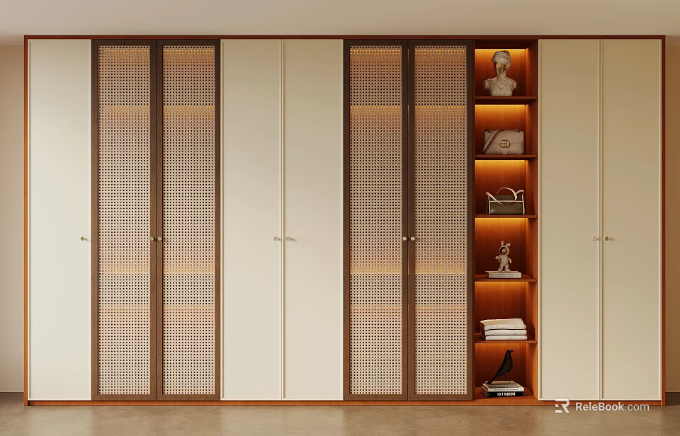 Modern Wardrobe Design With Lattice Doors Open Shelves And Decorative Storage Items 3d model 
