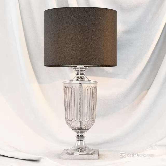 Elegant Table Lamp with Clear Ribbed Glass Base and Black Shade for Home Decor 3d model 