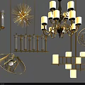 Elegant Gold Chandeliers Featuring Geometric Wireframe Spherical And Candle Style Designs 3d model