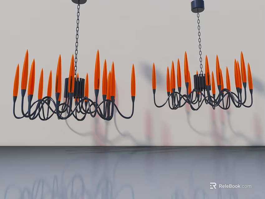 Hinged Door Interior With Orange Black Chandeliers White Wall And Reflective Floor 3d model 