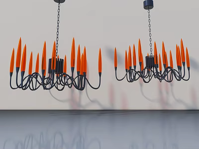 Hinged Door Interior With Orange Black Chandeliers White Wall And Reflective Floor 3d model