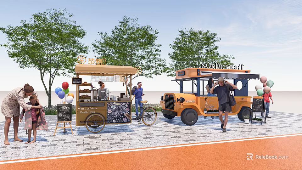Mobile Food Carts In Outdoor Street Scene With Trees Balloons And People 3d model 