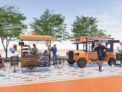 Mobile Food Carts In Outdoor Street Scene With Trees Balloons And People 3d model