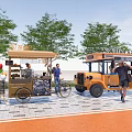 Mobile Food Carts In Outdoor Street Scene With Trees Balloons And People