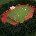 Standard Football Stadium With Red Running Track Surrounded By Dense Green Woods And Comfortable Grandstand