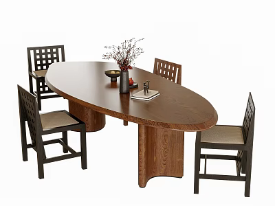 Oval Wooden Dining Table And Four Upholstered Back Chairs Set With Decorative Vase And Book 3d model
