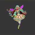 Dancing Girl with Pink Hair and Wings Holding Magic Wand in Blue White Yellow Dress