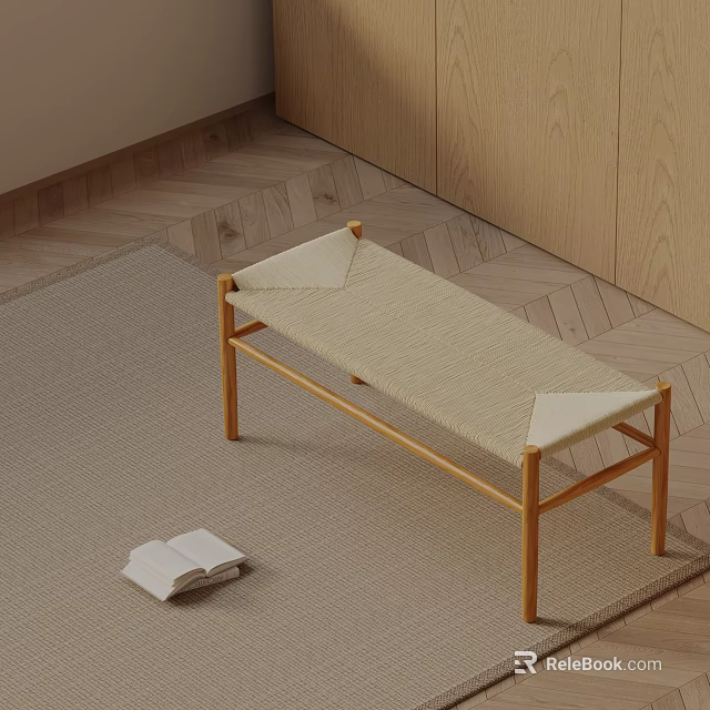 Woven Sofa Bench with Wooden Legs on Beige Rug and Open Book in Indoor Space 3d model 