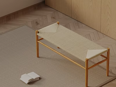 Woven Sofa Bench with Wooden Legs on Beige Rug and Open Book in Indoor Space 3d model