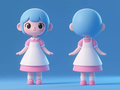 Cute Cartoon Girl Character With Blue Hair Pink Dress White Apron And Pink Shoes 3d model