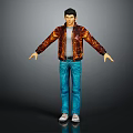 Human Character in Brown Jacket Blue Jeans White Sneakers Arms Outstretched Dark Background