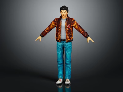 Human Character in Brown Jacket Blue Jeans White Sneakers Arms Outstretched Dark Background 3d model