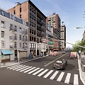 Vibrant Commercial Street With Multistory Buildings Pedestrians Cars And Traffic Lights