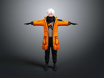 3D Character Model With White Hair Orange Coat And Outstretched Arms On Gray Background 3d model