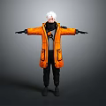 3D Character Model With White Hair Orange Coat And Outstretched Arms On Gray Background