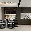 Modern Restaurant Interior With Patterned Round Chandelier Dining Table And Marble Walls 3d model