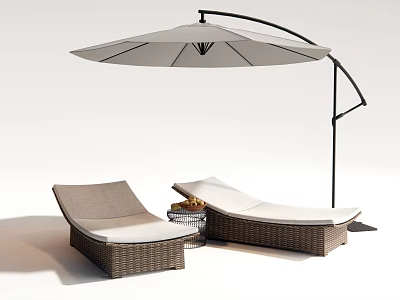 Outdoor Rattan Lounge Chairs With Gray White Cushions And Cantilever Umbrella 3d model