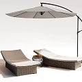 Outdoor Rattan Lounge Chairs With Gray White Cushions And Cantilever Umbrella