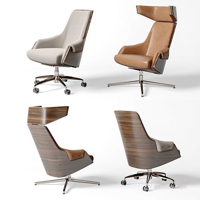 Modern Office Chair With Leather And Wooden Design In Gray Brown Swivel Style 3d model 
