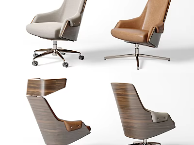Modern Office Chair With Leather And Wooden Design In Gray Brown Swivel Style 3d model
