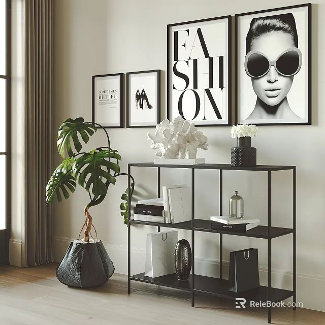 Modern Shelf With Sculpture Books Vase Handbag In Living Room With Artwork And Green Plant 3d model 